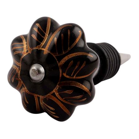 Black Golden Leaf Big Melon Ceramic Wine Stopper (Pack Of One Piece)